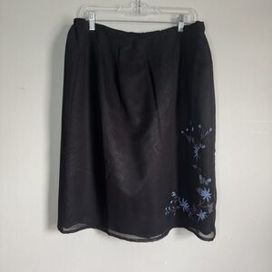 Vintage Black Midi Skirt Blue Floral Embroidery Y2K Whimsigoth XL Kathie Lee